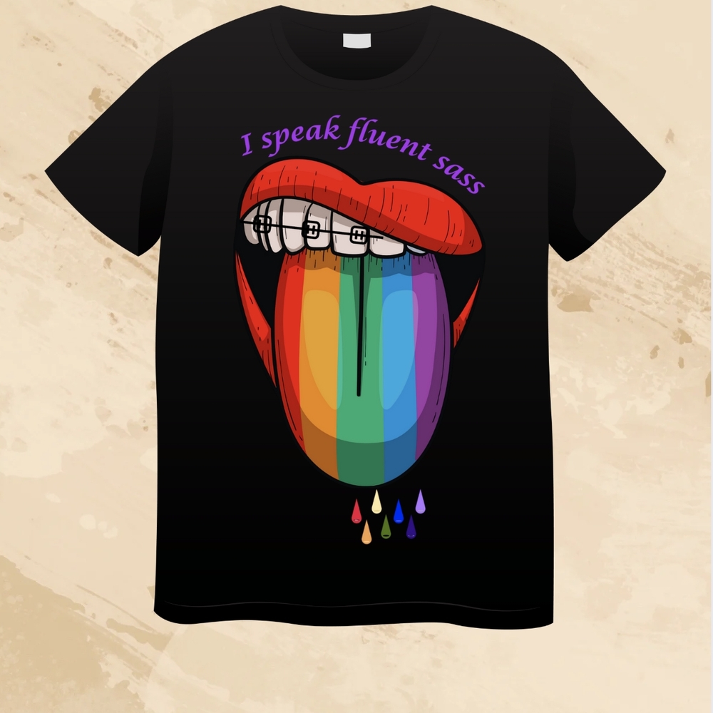 Black T-Shirt with Rainbow Lips Graphic